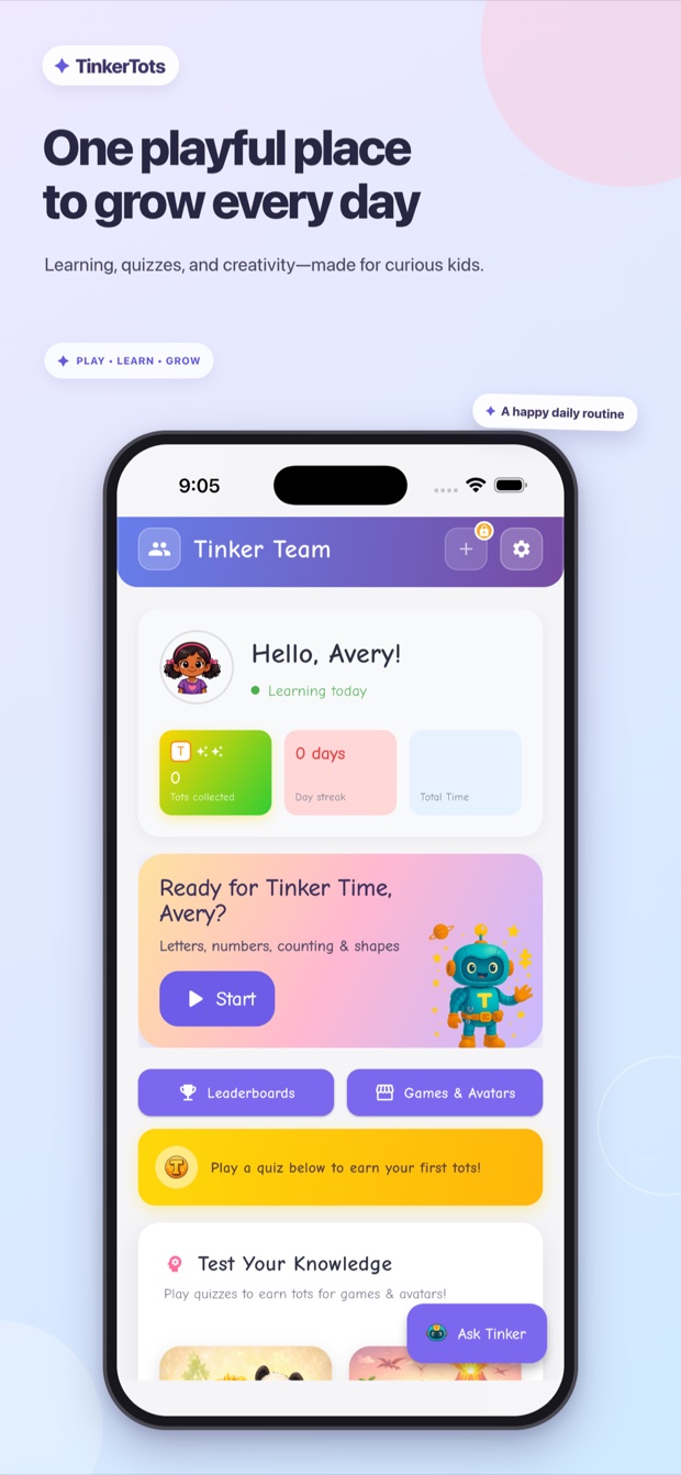 TinkerTots learner dashboard with Tinker Time, quizzes, games, and progress