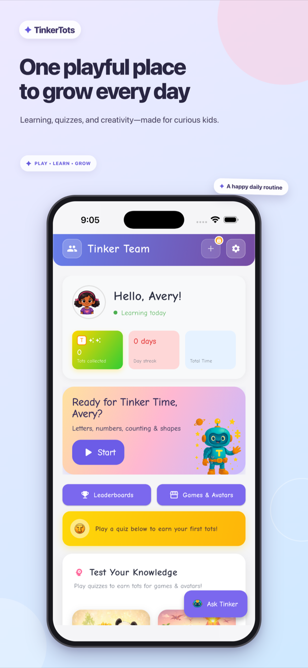 TinkerTots learner dashboard with Tinker Time, quizzes, games, and progress