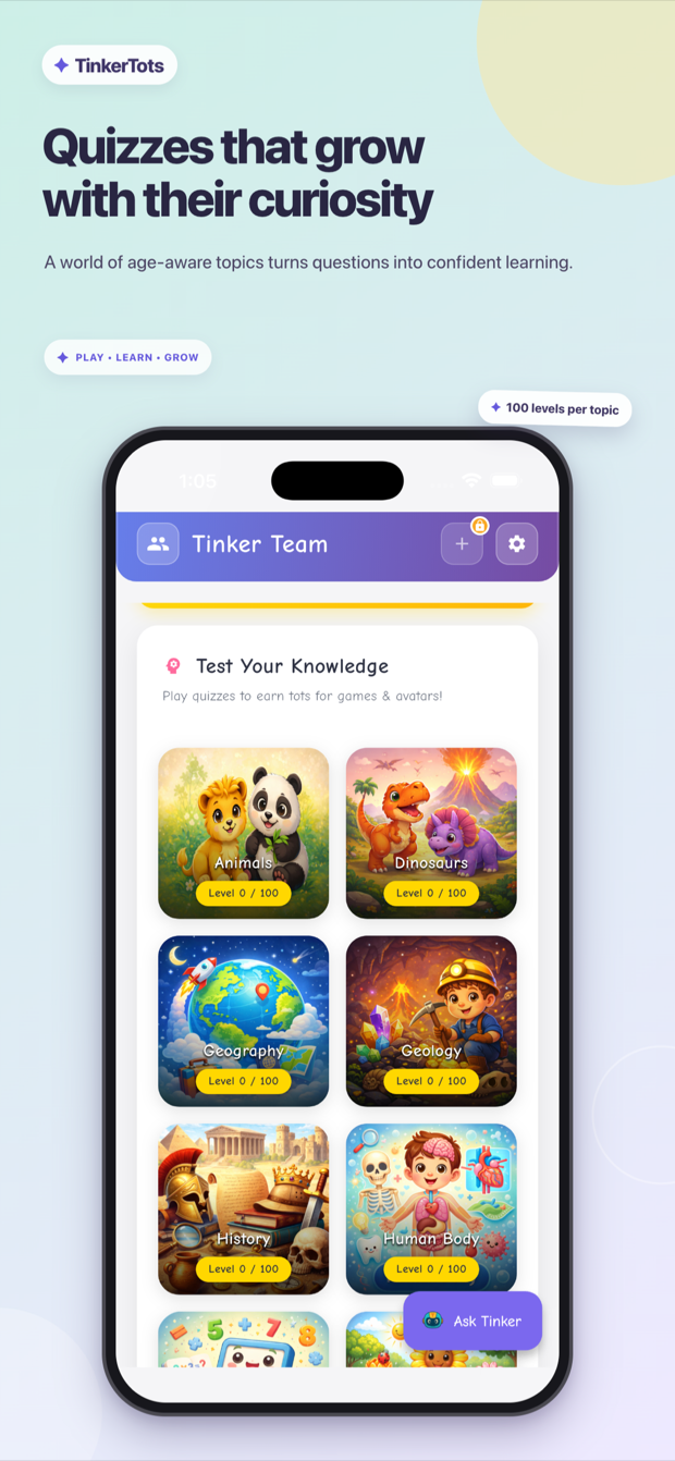 TinkerTots knowledge quiz categories