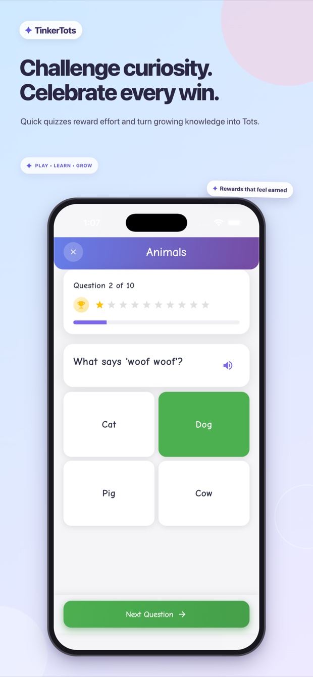 TinkerTots quiz completion and rewards screen