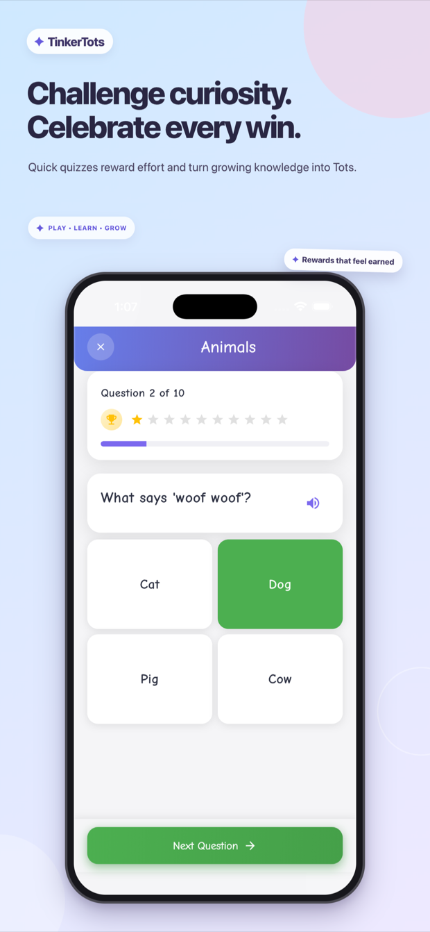 TinkerTots quiz completion and rewards screen